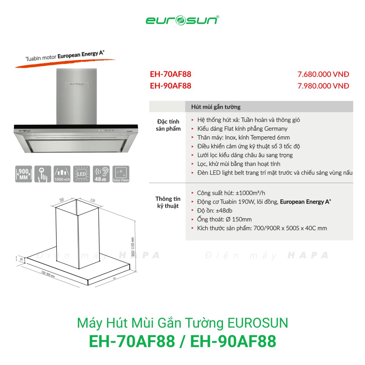 Thông số kỹ thuật Máy Hút Mùi Đảo Eurosun EH-70AF88 - EH-90AF88S - Hàng Chính Hãng 100%
