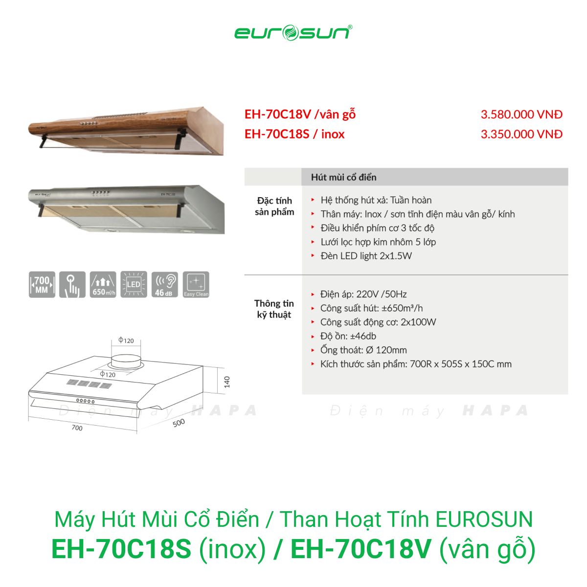 Thông số kỹ thuật Máy Hút Mùi Đảo Eurosun EH-70C18S - EH-70C18V - Hàng Chính Hãng 100%