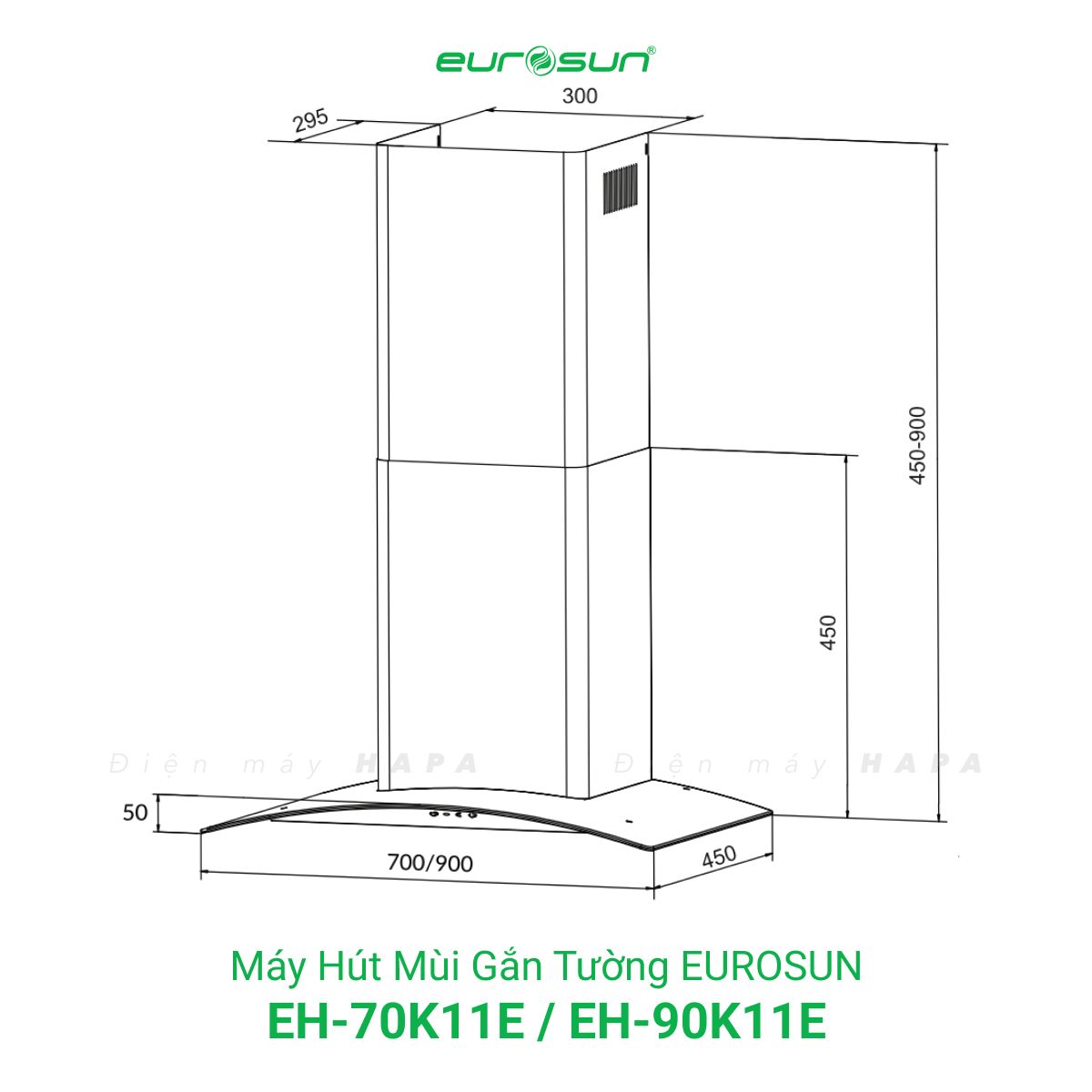 Kích thước lắp đặt Máy Hút Mùi Đảo Eurosun EH-70K11E - EH-90K11E - Hàng Chính Hãng 100%