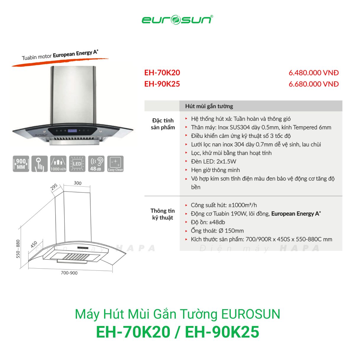 Thông số kỹ thuật Máy Hút Mùi Đảo Eurosun EH-70K20 - EH-90K25 - Hàng Chính Hãng 100%