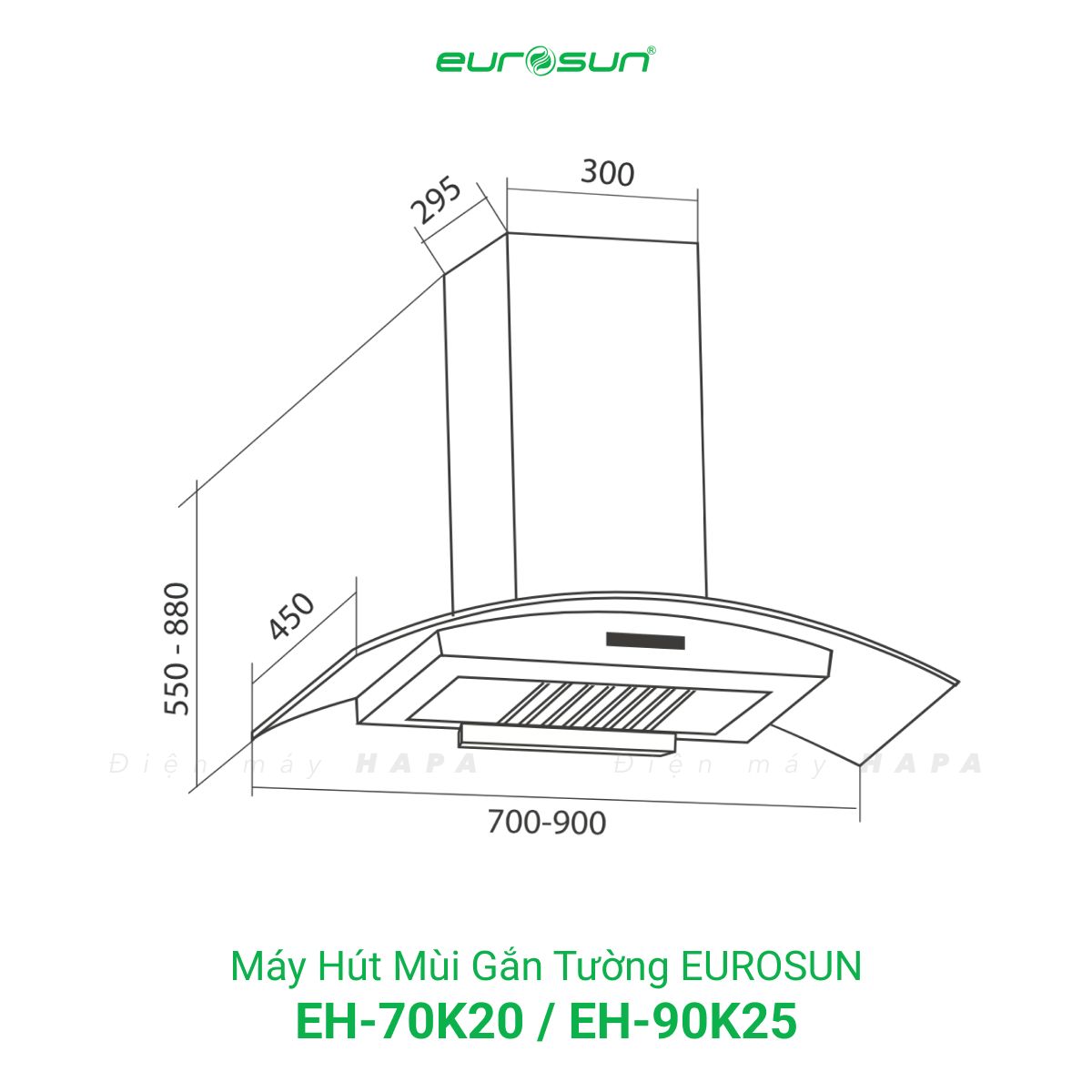 Kích thước lắp đặt Máy Hút Mùi Đảo Eurosun EH-70K20 - EH-90K25 - Hàng Chính Hãng 100%