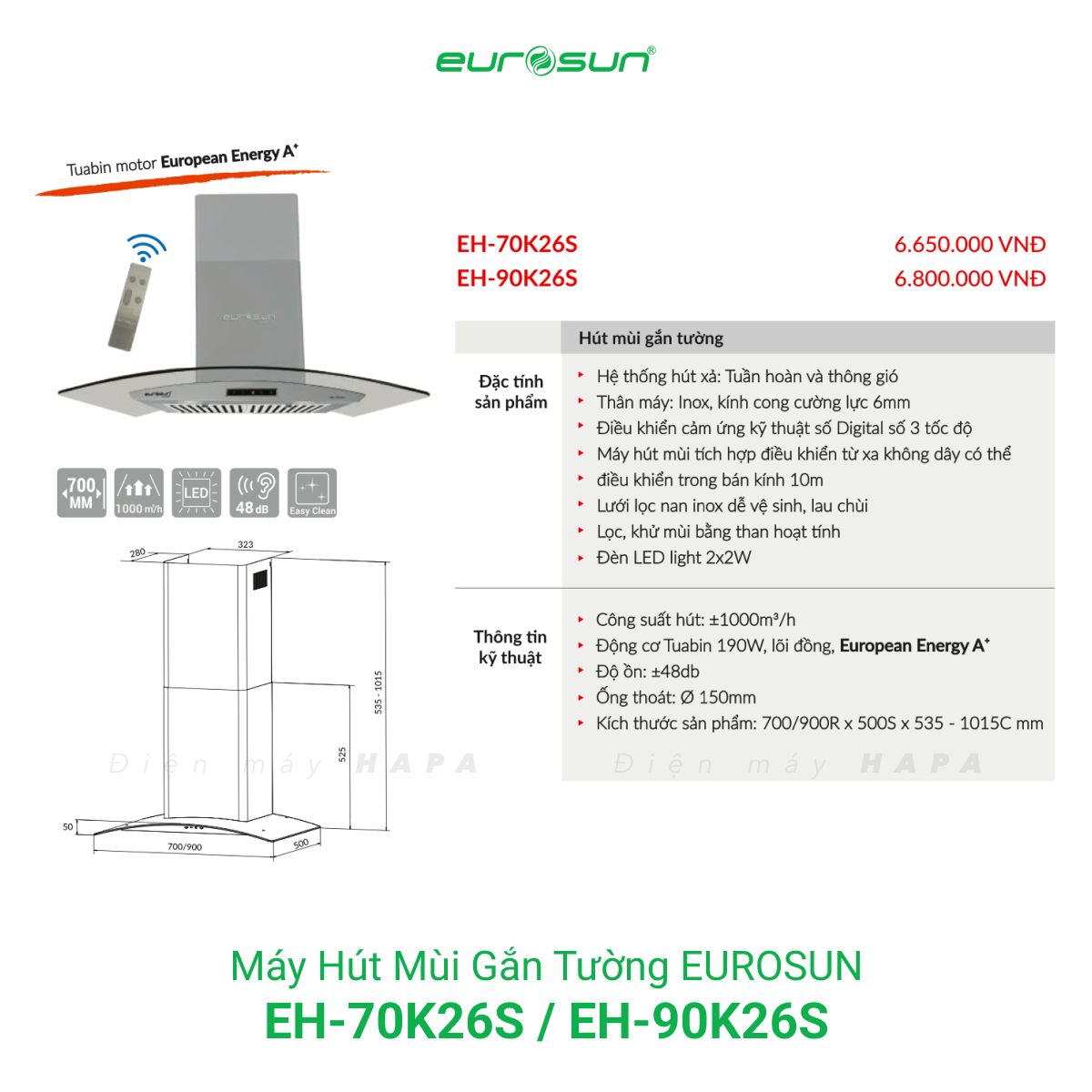 Thông số kỹ thuật Máy Hút Mùi Đảo Eurosun EH-70K26S - EH-90K26S - Hàng Chính Hãng 100%