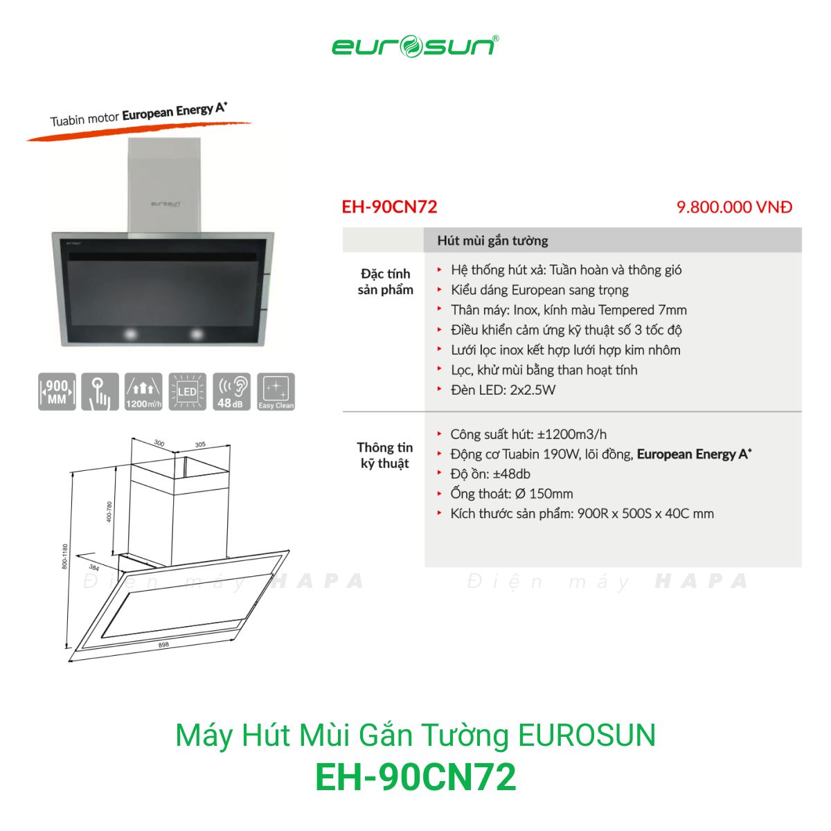 Thông số kỹ thuật Máy Hút Mùi Đảo Eurosun EH-90CN72 - Hàng Chính Hãng 100%