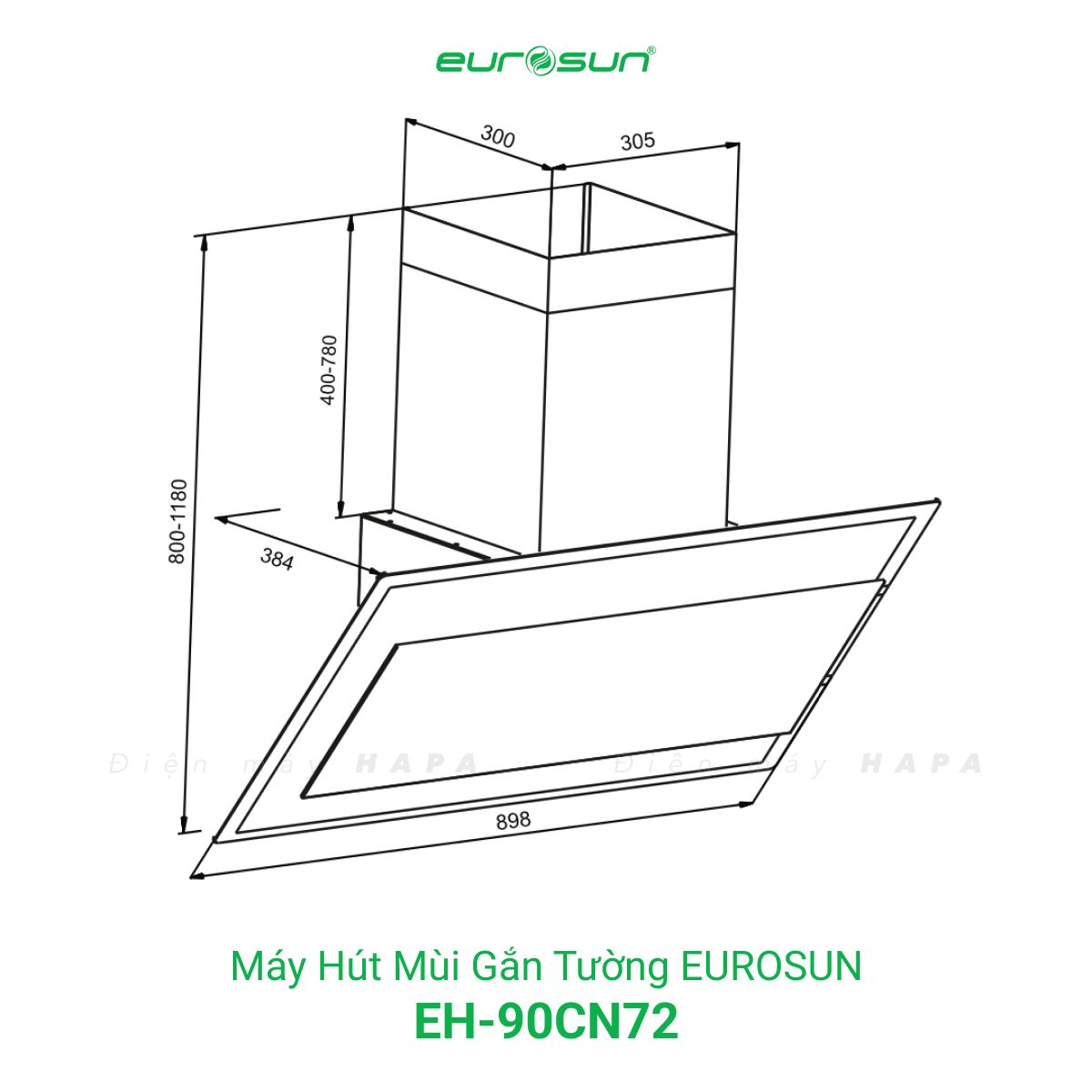 Kích thước lắp đặt Máy Hút Mùi Đảo Eurosun EH-90CN72 - Hàng Chính Hãng 100%