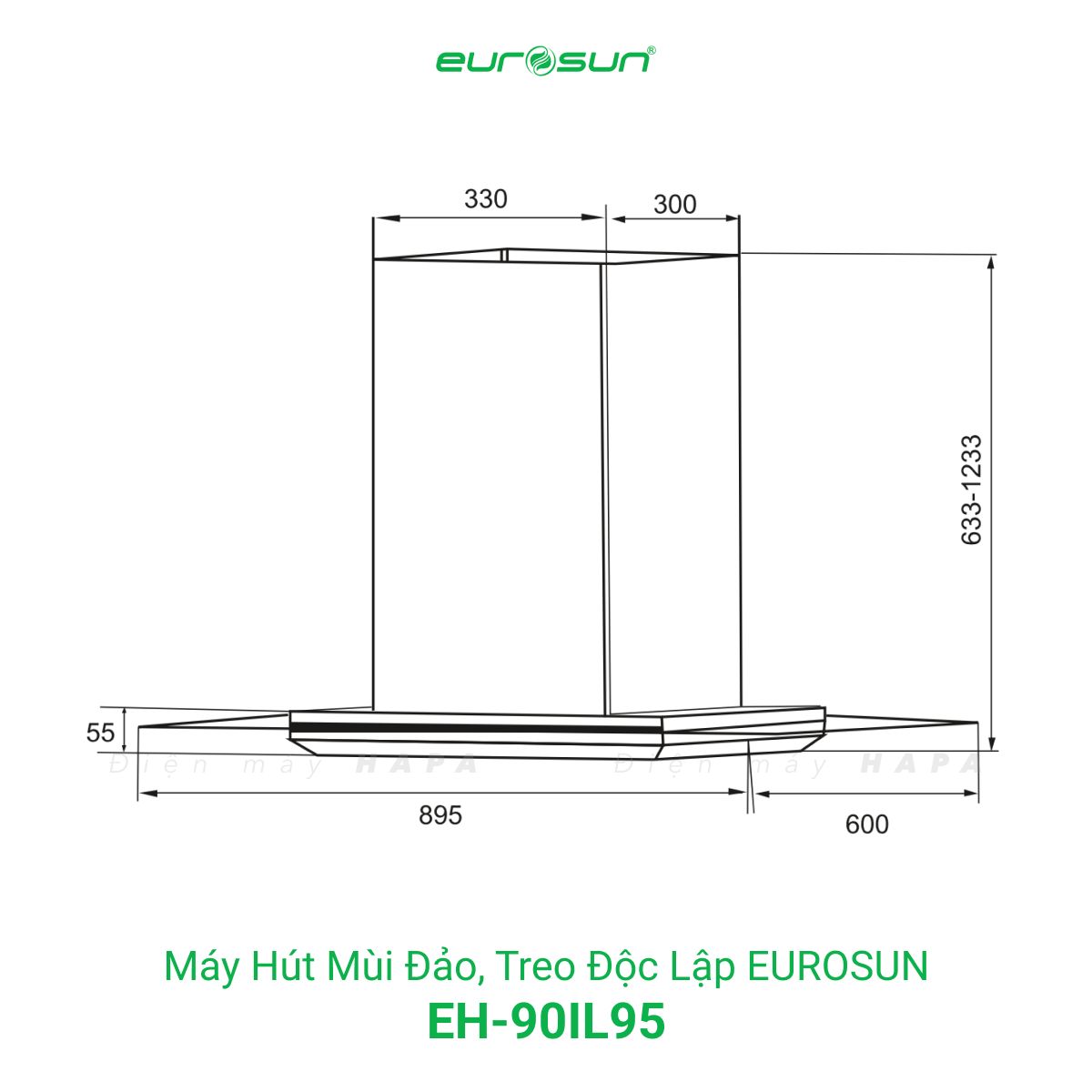 Kích thước lắp đặt Máy Hút Mùi Đảo Eurosun EH-90IL95 - Hàng Chính Hãng 100%