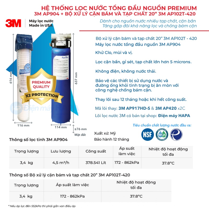 Thông số kỹ thuật Máy Lọc Nước Tổng Đầu Nguồn 3M PREMIUM AP904