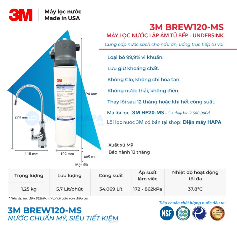 Thông số kỹ thuật Máy Lọc Nước 3M BREW120-MS - 70020020700, Công Suất 34.069L