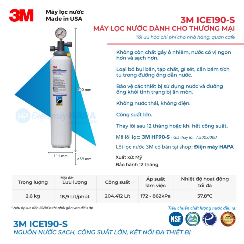 Thông số kỹ thuật Máy Lọc Nước 3M ICE190-S Dành Cho Thương Mại