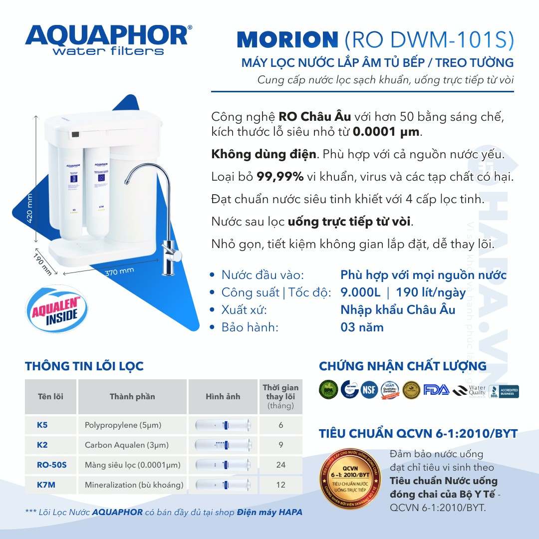 Thông số kỹ thuật Máy Lọc Nước AQUAPHOR MORION - Hàng Chính Hãng