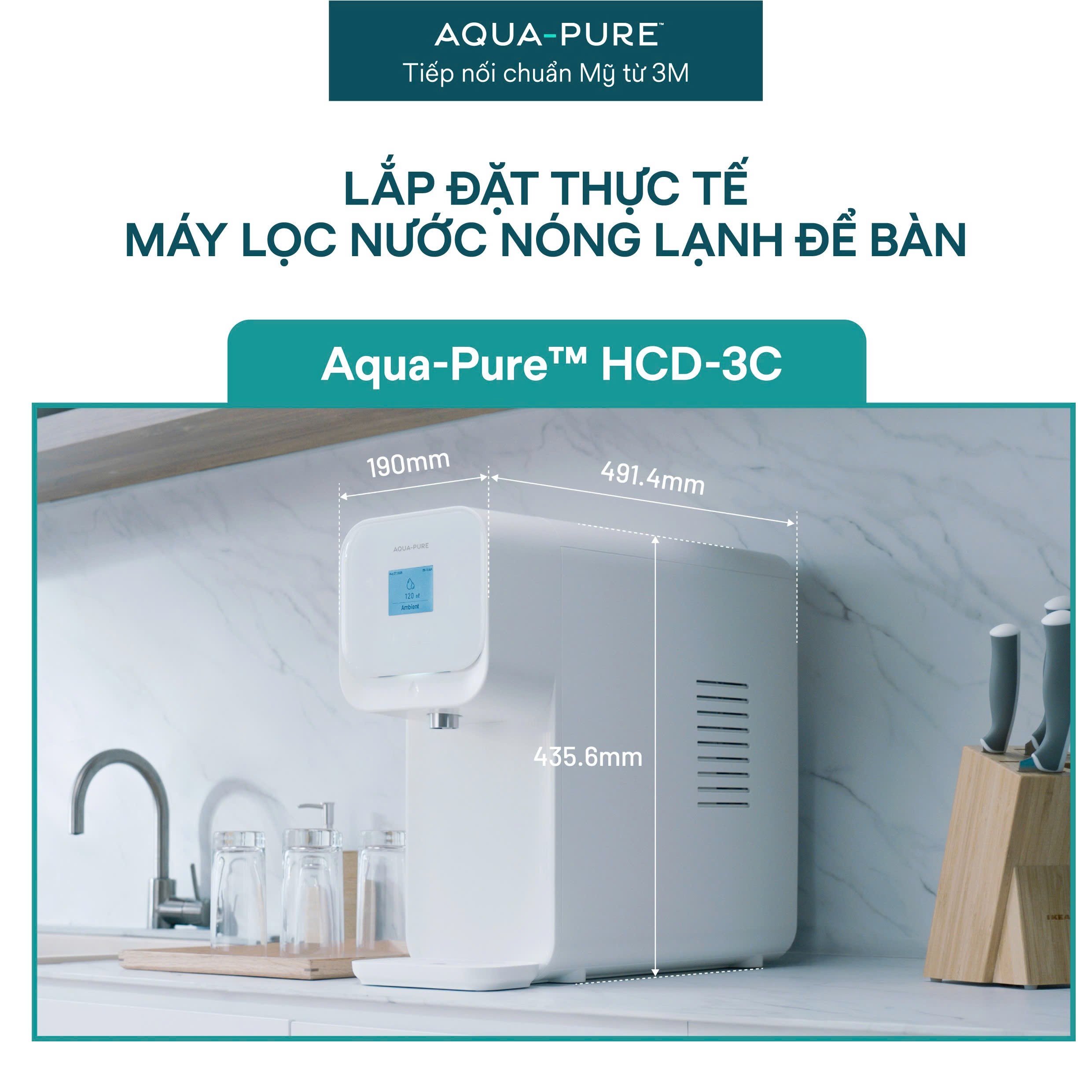 Máy Lọc Nước Nóng Lạnh Để Bàn 3M Aqua-Pure HCD-3C sở hữu kích thước siêu mỏng, tiết kiệm không gian sống