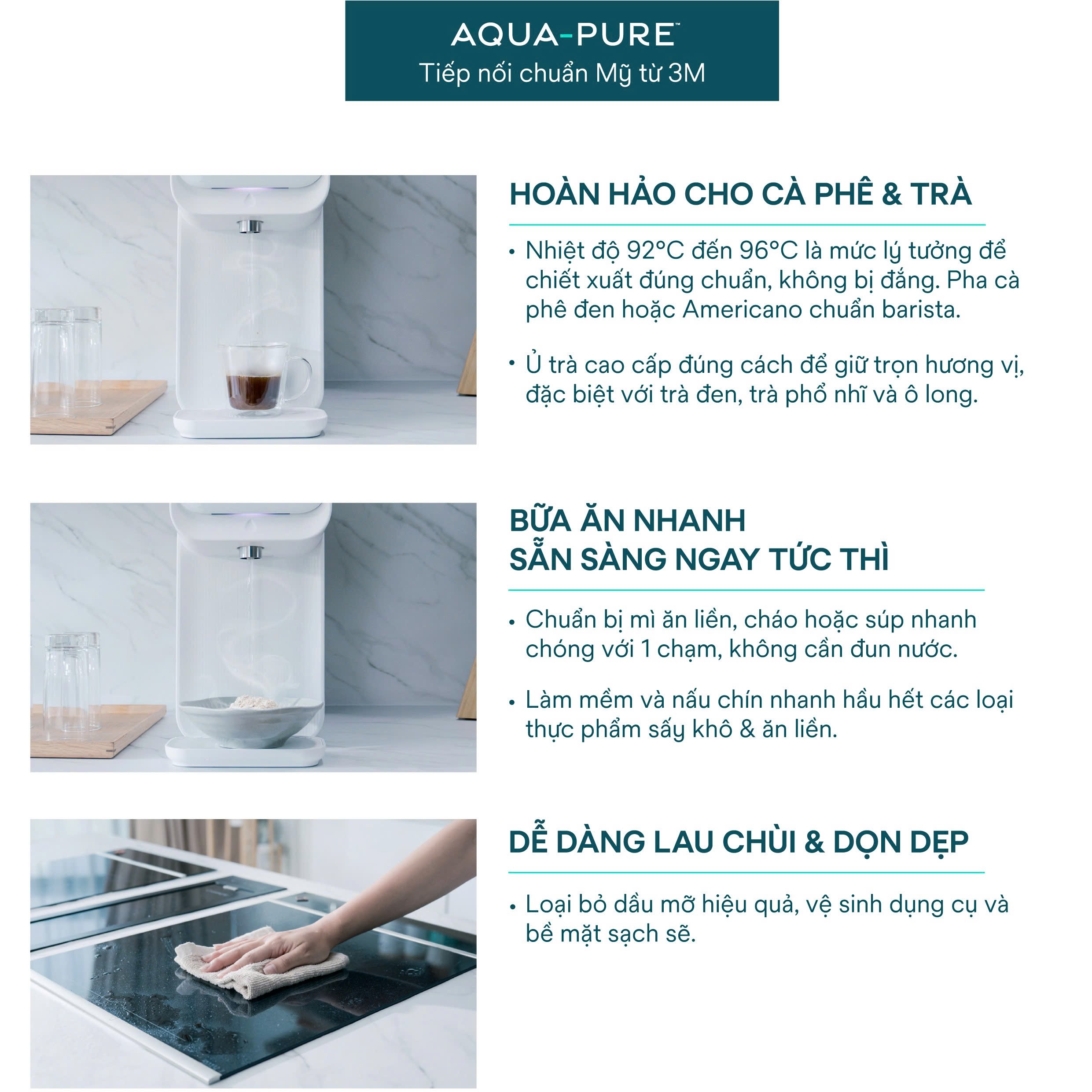 Máy Lọc Nước Nóng Lạnh Để Bàn 3M Aqua-Pure HCD-3C đạt mức nhiệt độ nóng đến 95°C lý tưởng cho pha cà phê, trà, thức ăn nhanh...