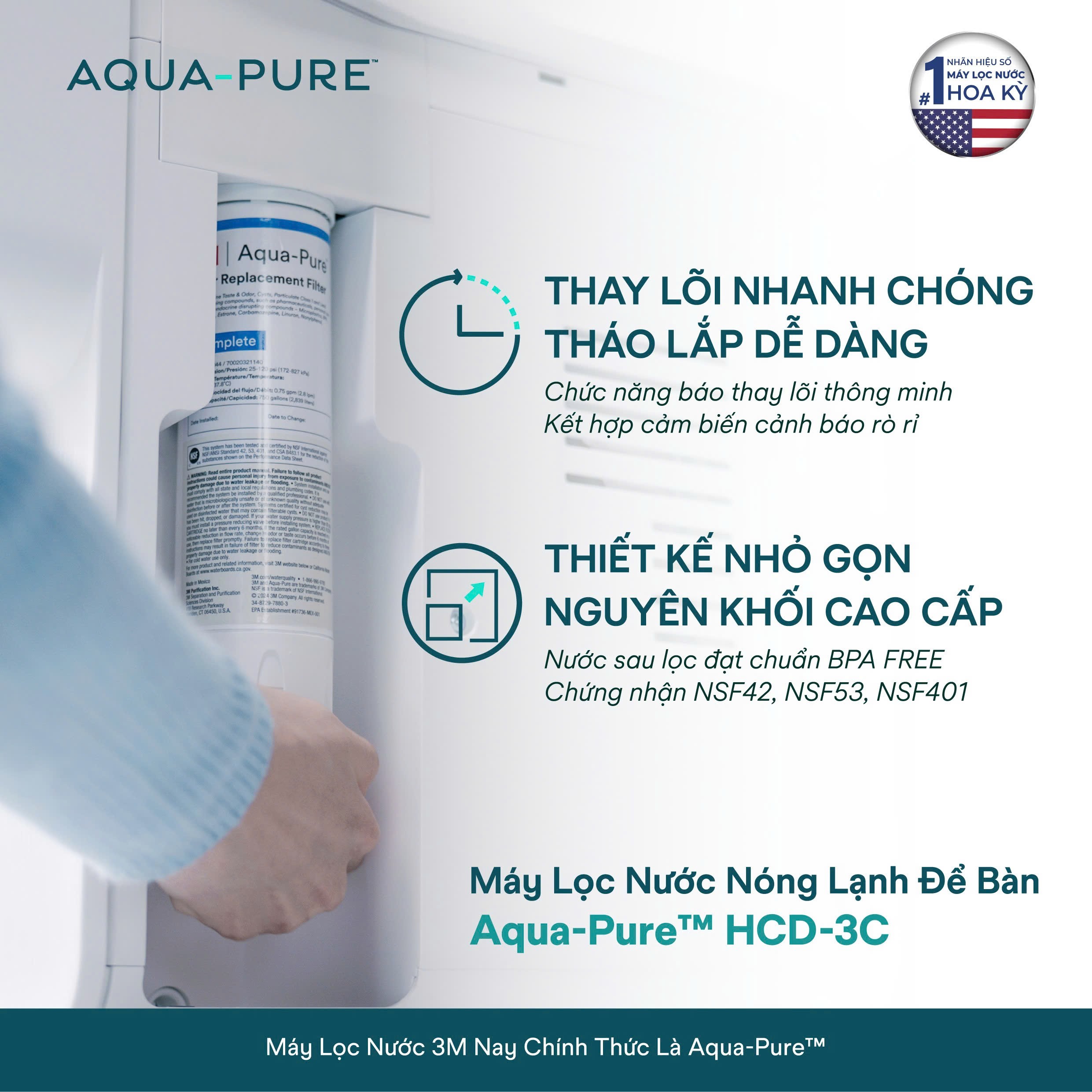 Máy Lọc Nước Nóng Lạnh Để Bàn 3M Aqua-Pure HCD-3C có chức năng cảnh báo thay lõi lọc thông minh, lõi lọc thiết kế SQC có thể tự thay đơn giản trong 10 giây. - Thời gian thay lõi của 3M Aqua-Pure HCD-3C là 6 - 12 tháng.