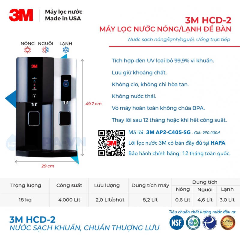 Thông số kỹ thuật Máy Lọc Nước Nóng Lạnh Để Bàn 3M HCD-2 Tích Hợp Đèn UV - Nhập Khẩu Mỹ