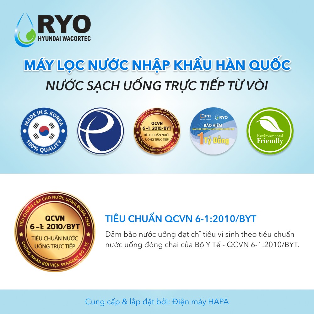 Máy Lọc Nước RYO HYUNDAI RP902 đạt chuẩn quốc tế NSF, WQA, Viện Pasteur về nước sạch