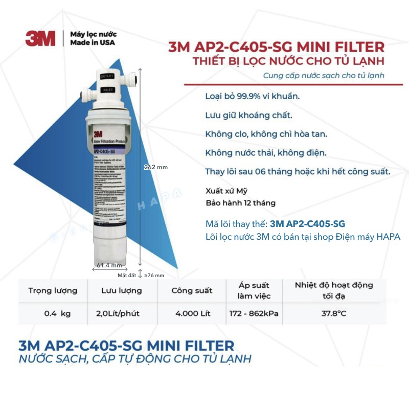 Máy Lọc Nước Uống 3M™ AP2-C405-SG Mini Filter, Có Thể Tích Hợp Vào Tủ Lạnh - Nhập Khẩu Chính Hãng
