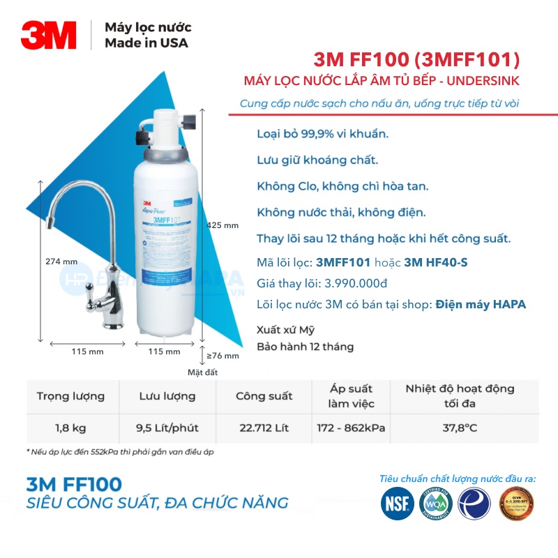 Máy Lọc Nước 3M™ FF100 (3MFF101) Công Suất 22.712 Lít - Nhập Khẩu Mỹ, Hàng Chính Hãng