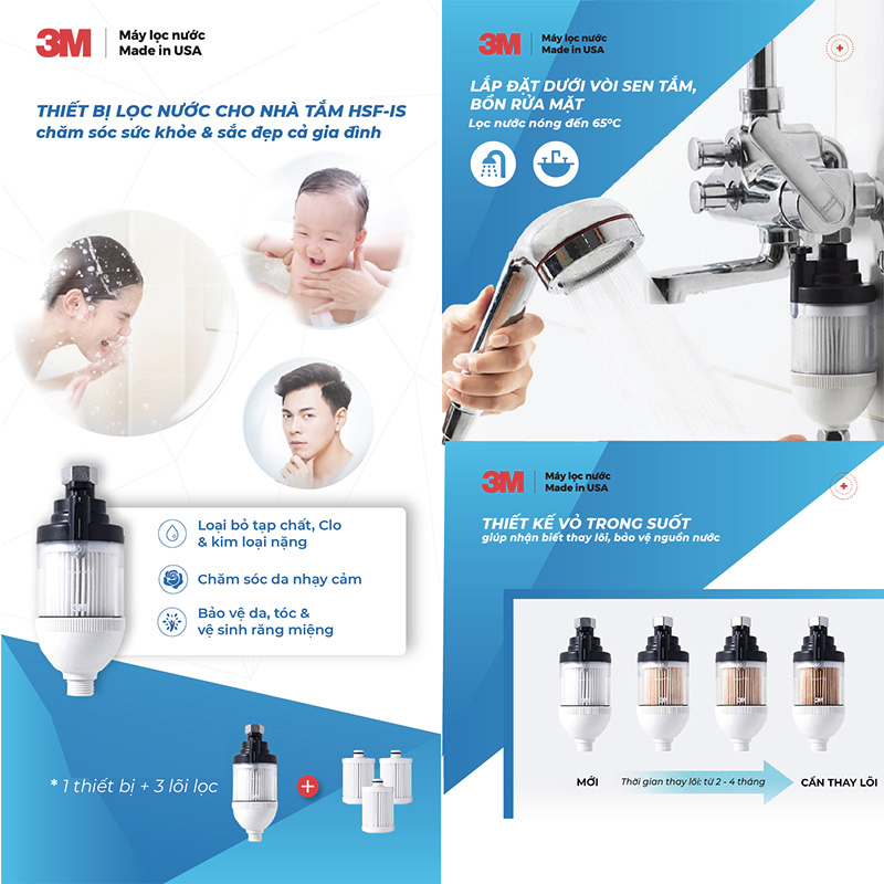 Combo Thiết Bị Lọc Nước Vòi Sen Nhà Tắm Mỹ 3M HSF-IS + Kèm 3 Lõi Lọc, Công Suất 72.000 Lít, Hàng Chính Hãng 3M