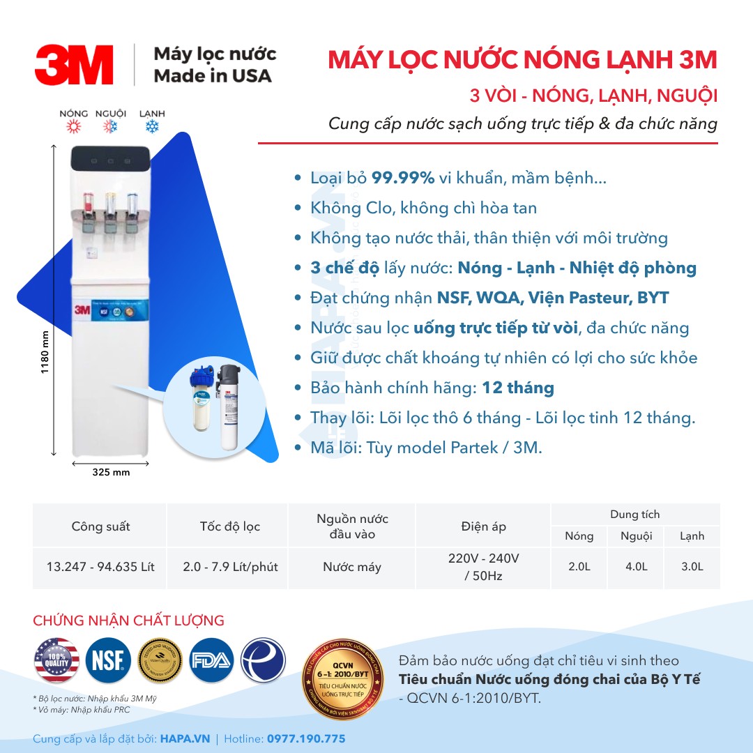 Thông số kỹ thuật của Máy Lọc Nước Nóng Lạnh 3 Vòi 3M (Màu Trắng) - Bộ Lọc Nhập Khẩu Mỹ
