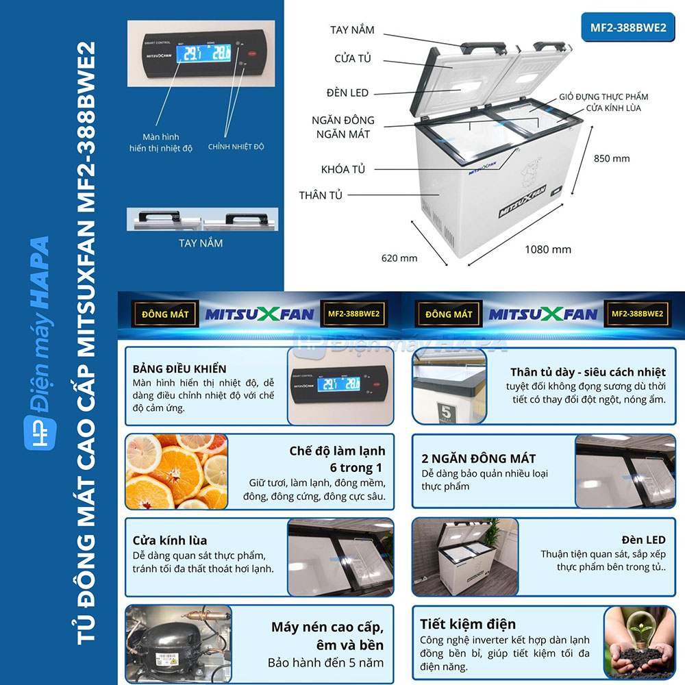 Tủ Đông + Mát Inverter Cao Cấp MITSUXFAN MF2-388BWE2 - Hàng Chính Hãng