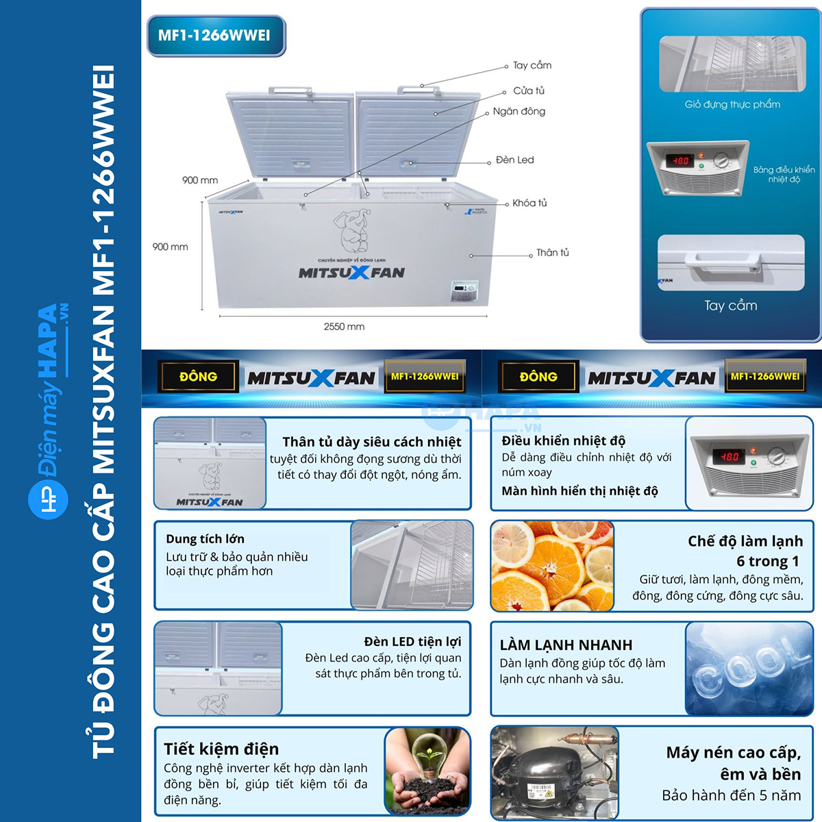 Tủ Đông Cao Cấp MITSUXFAN MF1-1266WWEI - Euro Design, Inverter - Hàng Chính Hãng
