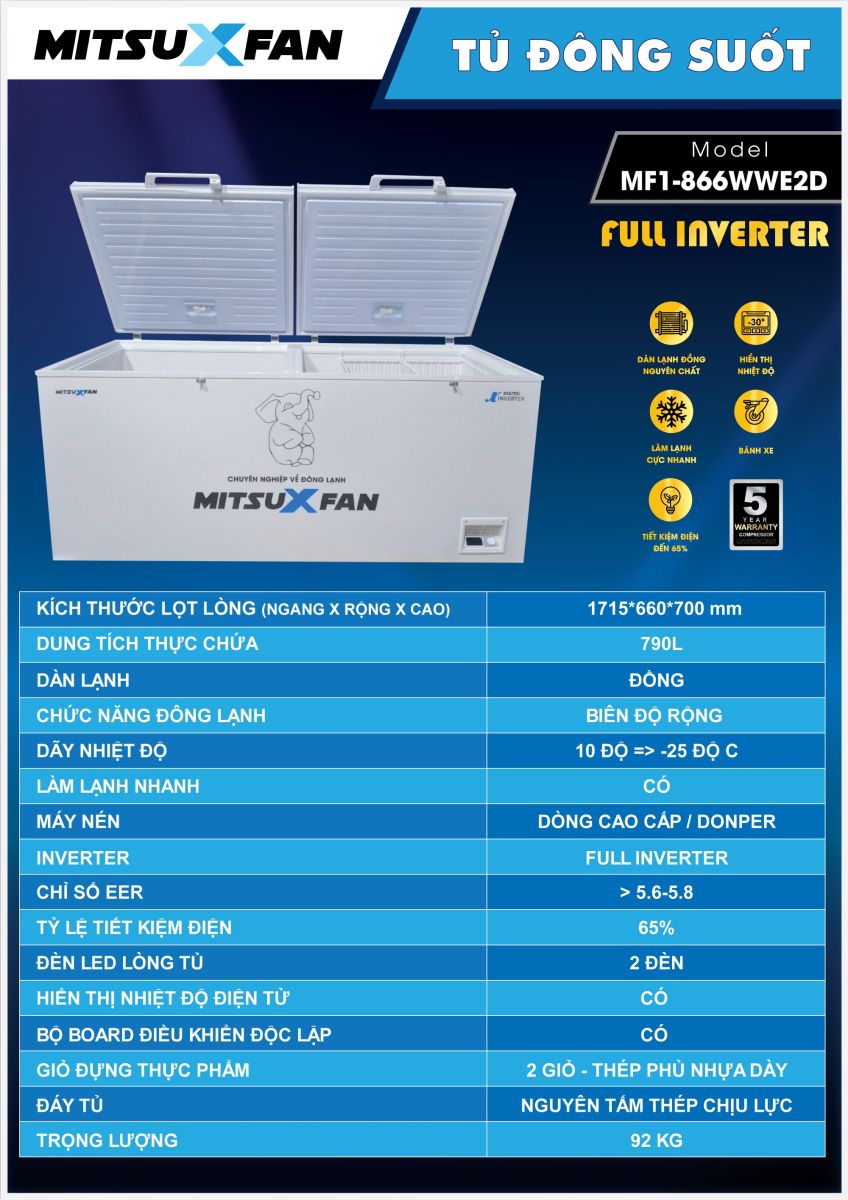 Tủ Đông MITSUXFAN MF1-866WWE2D có chức năng 6 trong 1, Tùy chỉnh nhiệt độ theo nhu cầu sử dụng