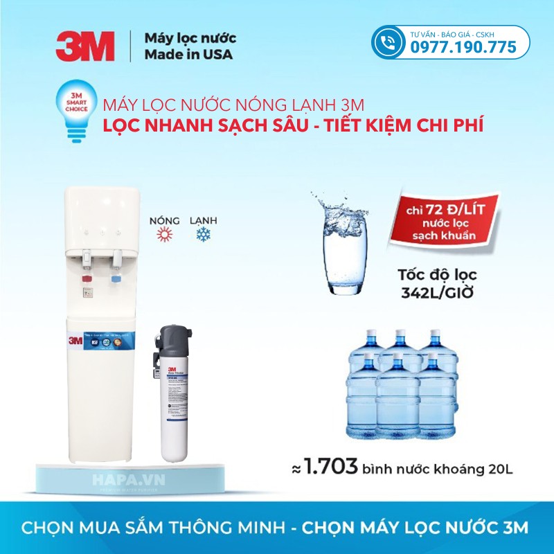 Máy Lọc Nước Nóng Lạnh 3M Mỹ 2 Vòi siêu tiết kiệm chỉ 72 vnd/lít nước lọc sạch khuẩn, tương đương 1703 bình nước khoáng 20L.
