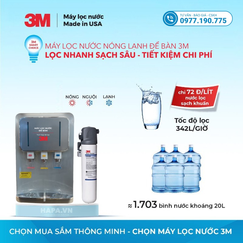 Máy Lọc Nước Nóng Lạnh Để Bàn 3M HCD-CS01 siêu tiết kiệm chỉ 72 vnd/lít nước lọc sạch khuẩn, tương đương 1703 bình nước khoáng 20L.