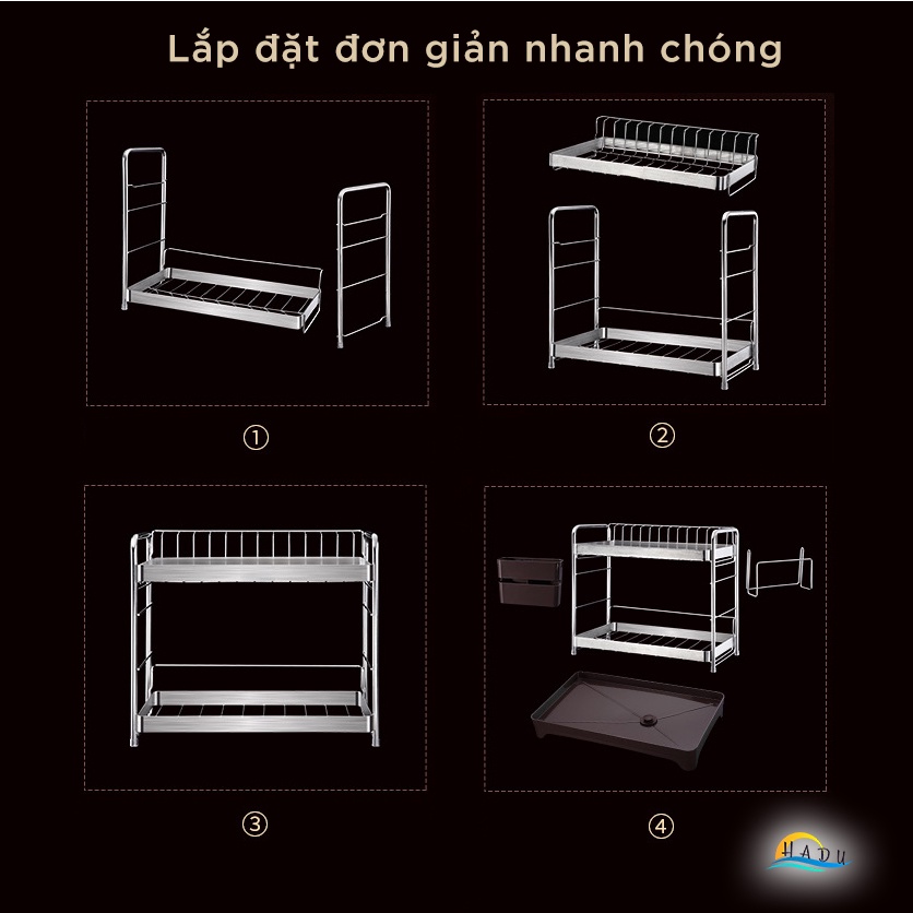 Kệ Úp Bát Đĩa 2 Tầng Inox 304 SSGP, Van Thoát Nước Xoay 360°, Kèm Giá Đựng Đũa, Thớt, Đạt Chất Lượng LFGB Đức