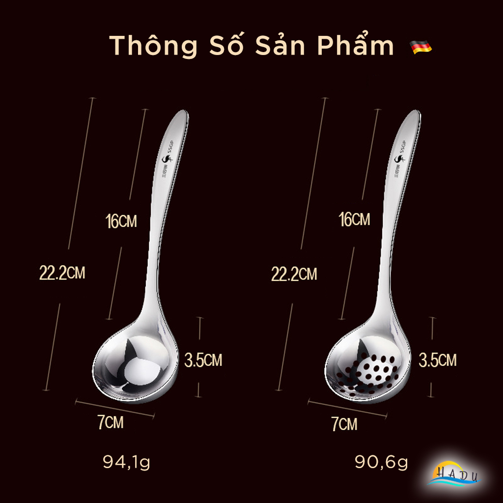Bộ Muôi Múc Canh Inox 304 SSGP, Đúc Nguyên Khối, Tay Cầm Tròn Chống Nóng, Đạt Chất Lượng LFGB Đức