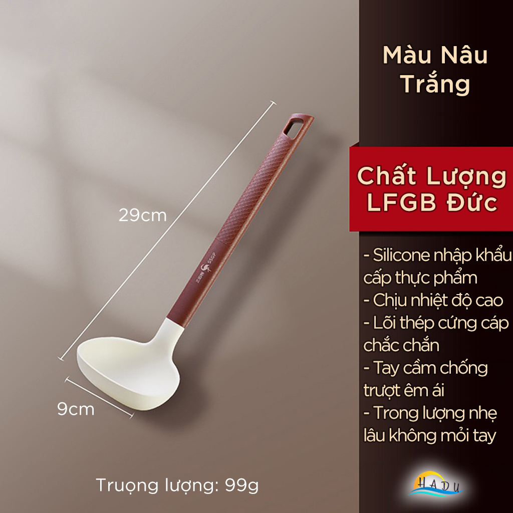 Muôi Múc Canh Silicone Không Trầy Xước Nồi, Lõi Thép, Chịu Nhiệt, 29cm, Đạt Chất Lượng LFGB Đức