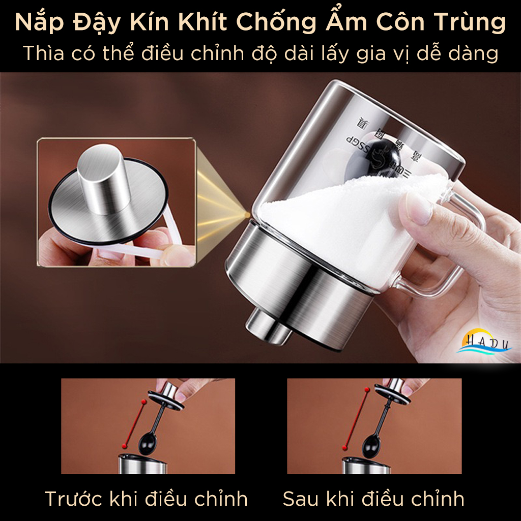 Bộ 3 Hũ Đựng Gia Vị Thủy Tinh SSGP, Nắp Kèm Thìa Inox 304, Chống Ẩm, Có Khay, Đạt Chất Lượng LFGB Đức