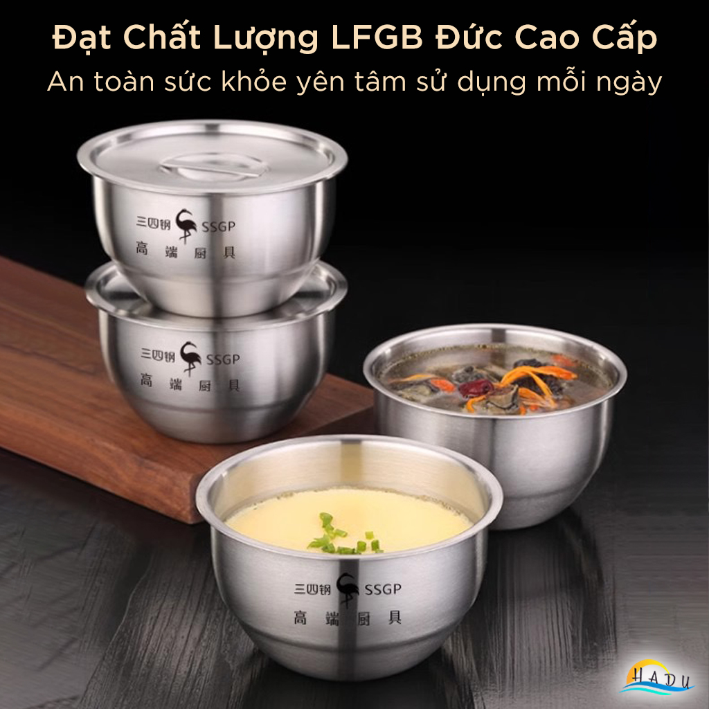 Bát Inox 304 Kiểu Hàn Quốc Có Nắp, 12cm (500ml), Dùng Hấp Trứng, Đạt Chất Lượng LFGB Đức SSGP