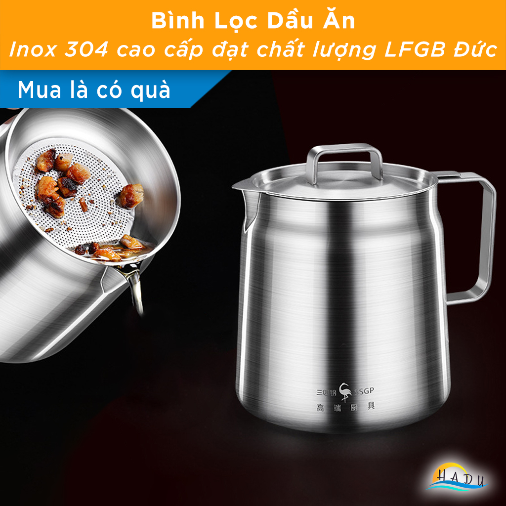 Bình Lọc Dầu Ăn Inox 304 SSGP, Kèm Lưới Lọc Mịn, Vòi Rót, Đạt Chất Lượng LFGB Đức