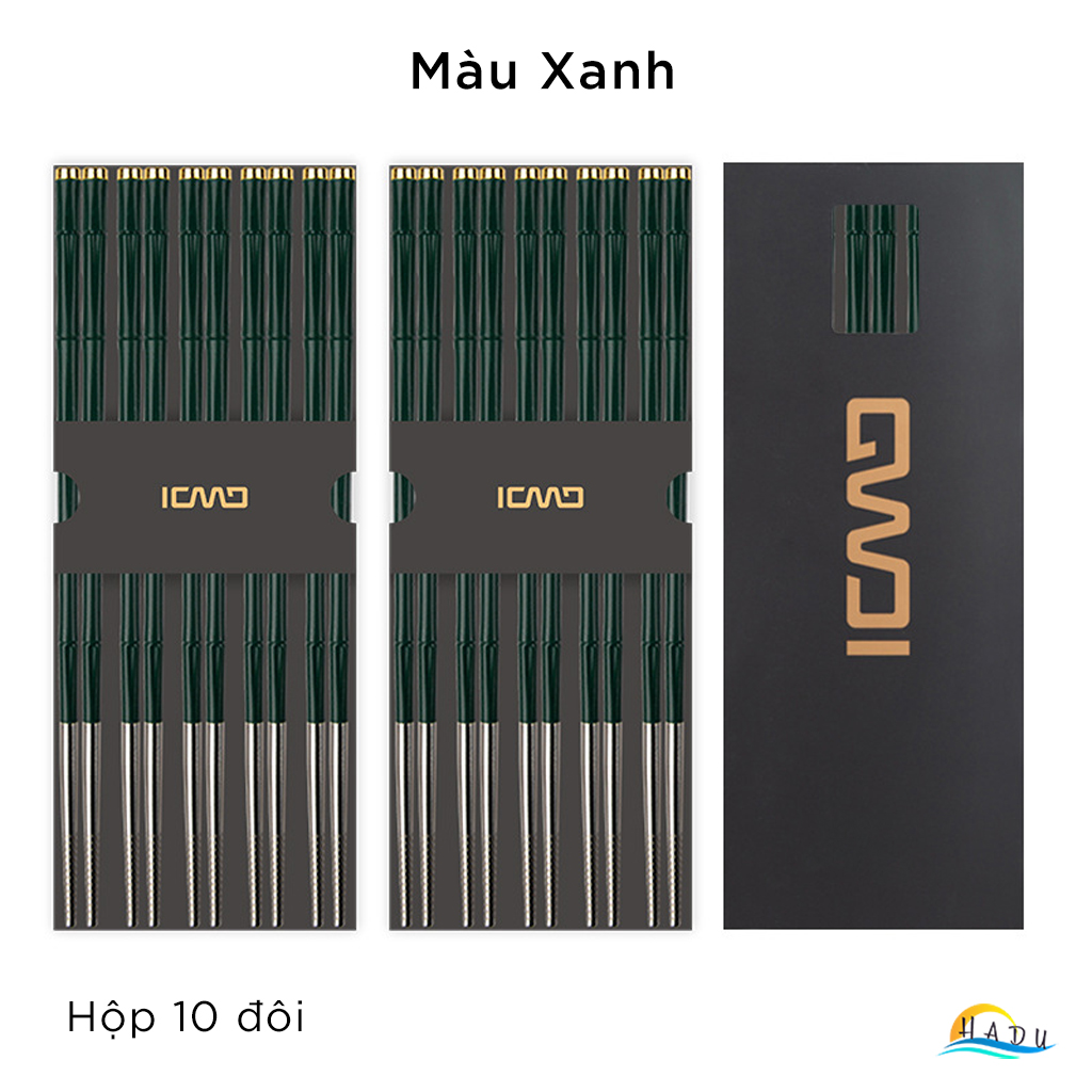 Bộ 10 Đôi Đũa Inox 304 HADU, Tay Cầm Chống Trượt, Kháng Khuẩn Ag+, Cách Nhiệt, 24.3cm