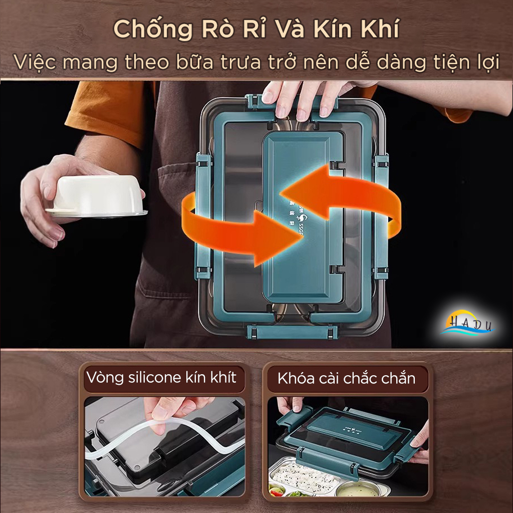 Hộp Cơm Văn Phòng Inox 316L SSGP 4 Ngăn, Hộp Đựng Cơm Quay Lò Vi Sóng Kèm Túi Giữ Nhiệt, Bát Canh
