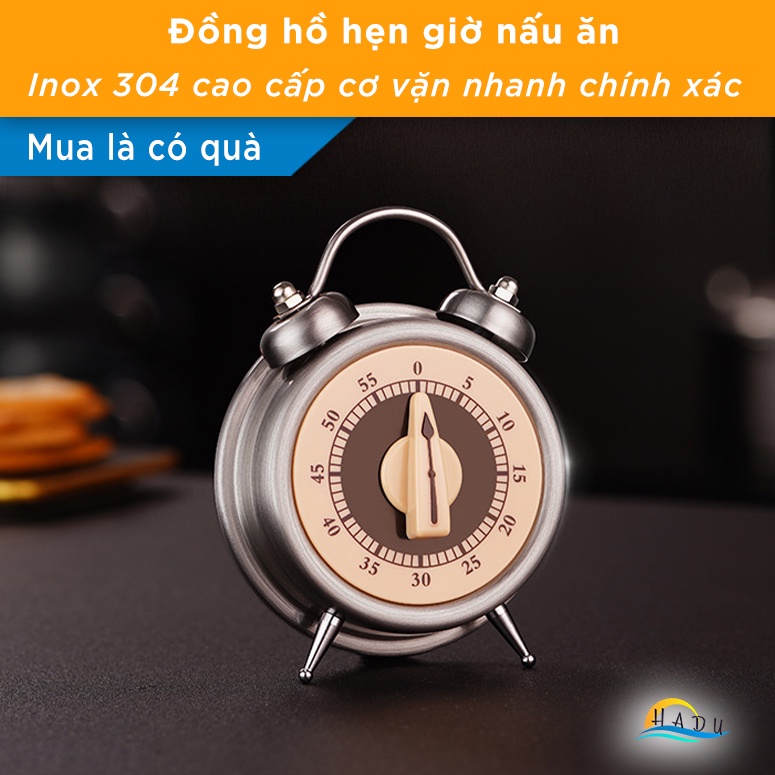 Đồng hồ hẹn giờ nấu ăn inox 304 cao cấp chuông lớn vặn nhanh thời gian chính xác không tốn pin kháng khuẩn SSGP