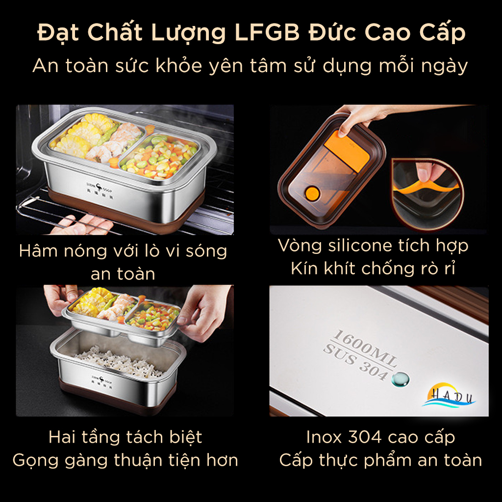 Hộp Cơm Giữ Nhiệt 2 Tầng SSGP 1600ml, Lõi Inox 304, Dùng Lò Vi Sóng, Kèm Túi`, Đạt Chất Lượng LFGB Đức