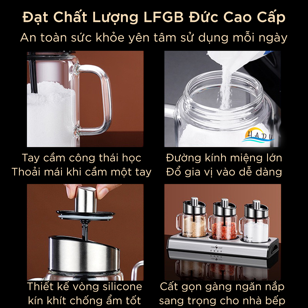 Bộ 3 Hũ Đựng Gia Vị Thủy Tinh SSGP, Nắp Kèm Thìa Inox 304, Chống Ẩm, Có Khay, Đạt Chất Lượng LFGB Đức