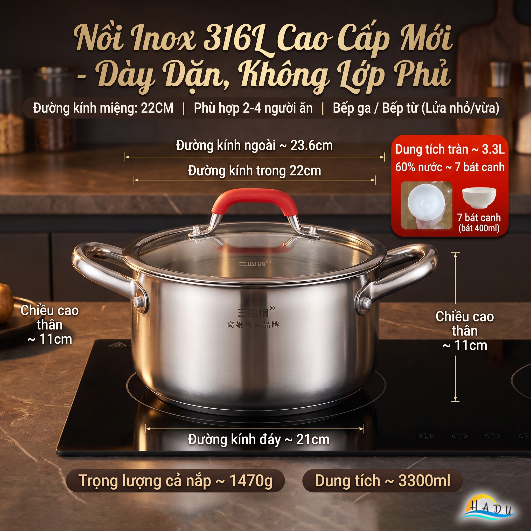 Nồi Inox 316L Cao Cấp Đúc 3 Lớp Chống Tràn Dùng Bếp Từ Bếp Gas 22cm 24cm SSGP