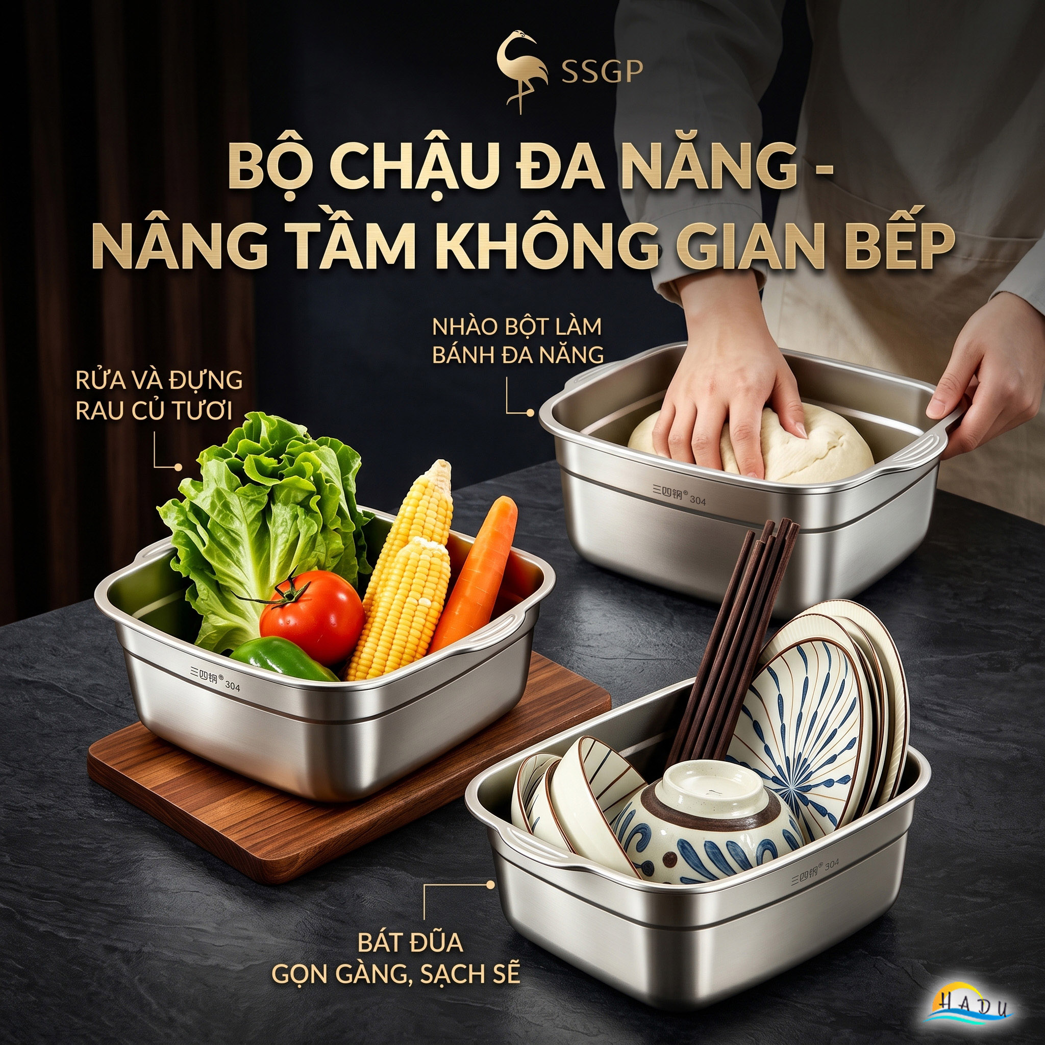 Bộ Thau Rổ Inox 304 Cao Cấp Hình Vuông Thiết Kế 2 Lớp Đa Năng Rửa Rau Củ Quả SSGP