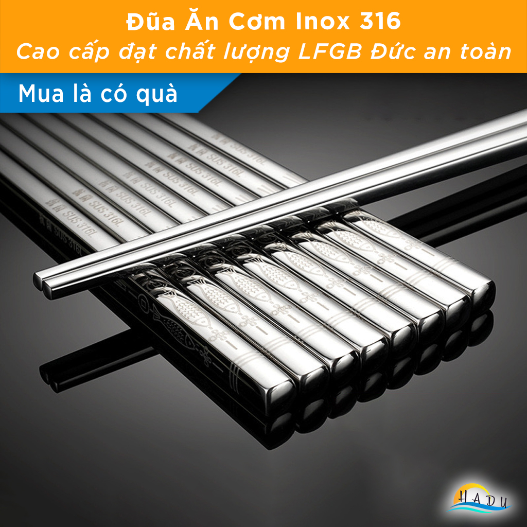 Bộ 10 Đôi Đũa Inox 316L SSGP, Kháng Khuẩn, Cách Nhiệt, Chống Trượt, Dài 23cm, Đạt Chất Lượng LFGB Đức