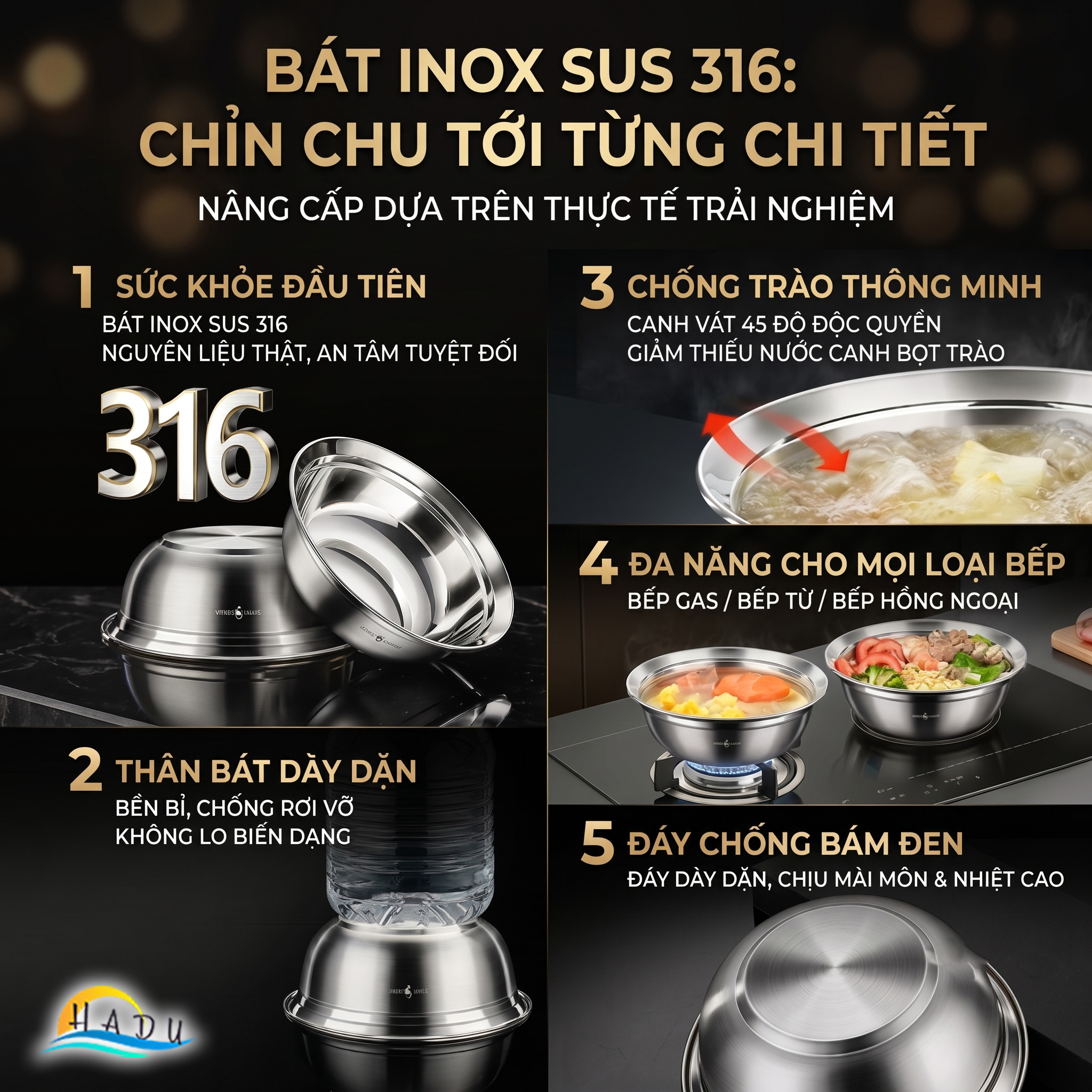 Thau Bát Tô Chậu Inox 316 Cao Cấp Chống Trào Đa Năng Dày Dặn Dùng Được Bếp Từ Bếp Gas SSGP