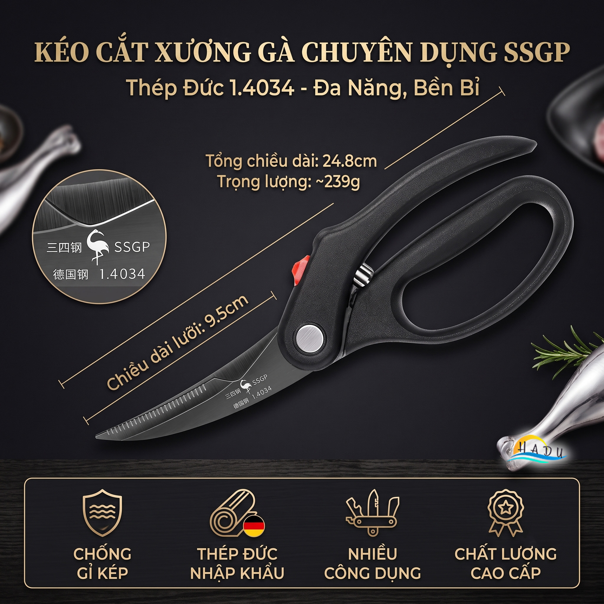 Kéo Cắt Gà Kéo Nhà Bếp Đa Năng Thép Đức Phủ Titan Chống Gỉ Cắt Xương Trợ Lực Cao Cấp SSGP