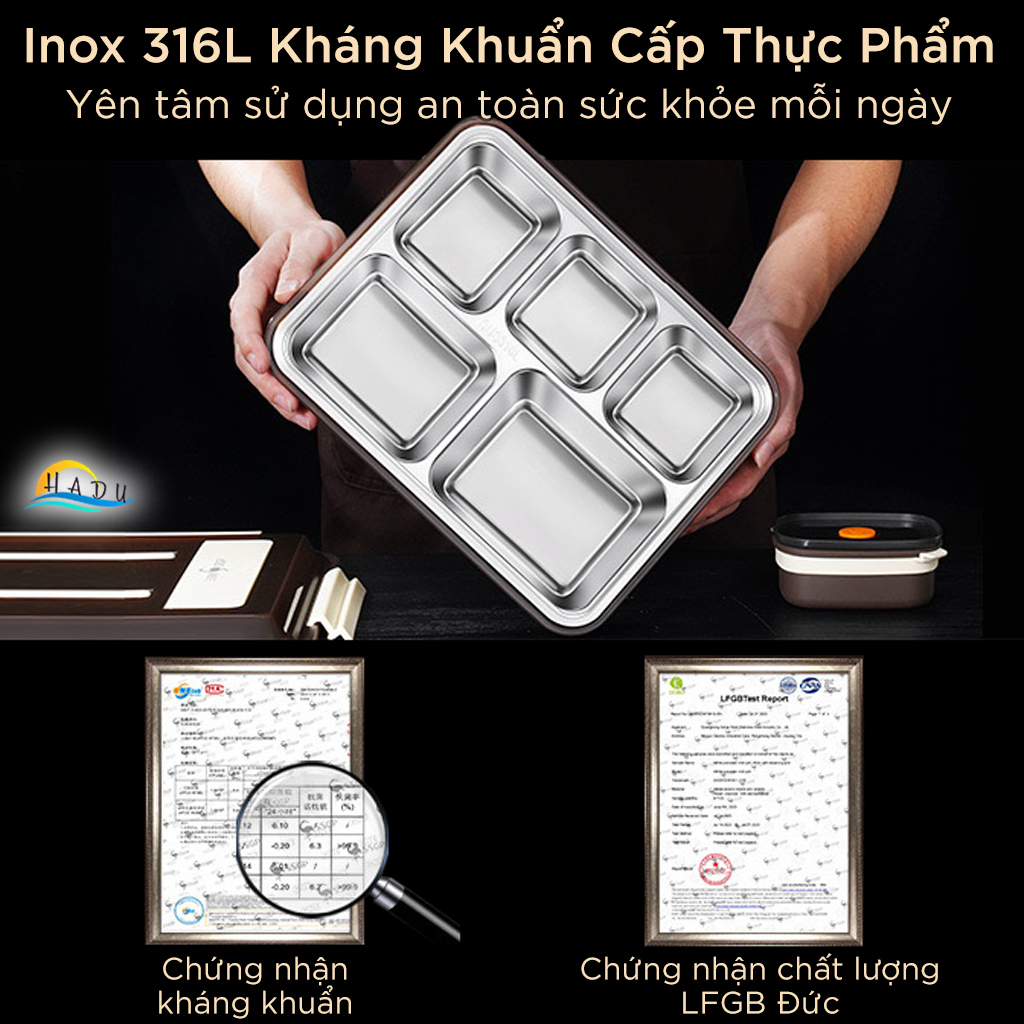 Hộp Cơm Inox 316L Dùng Lò Vi Sóng SSGP, 2.18L, 4 Ngăn Kèm Hộp Canh, Chống Tràn, Đạt Chất Lượng LFGB Đức
