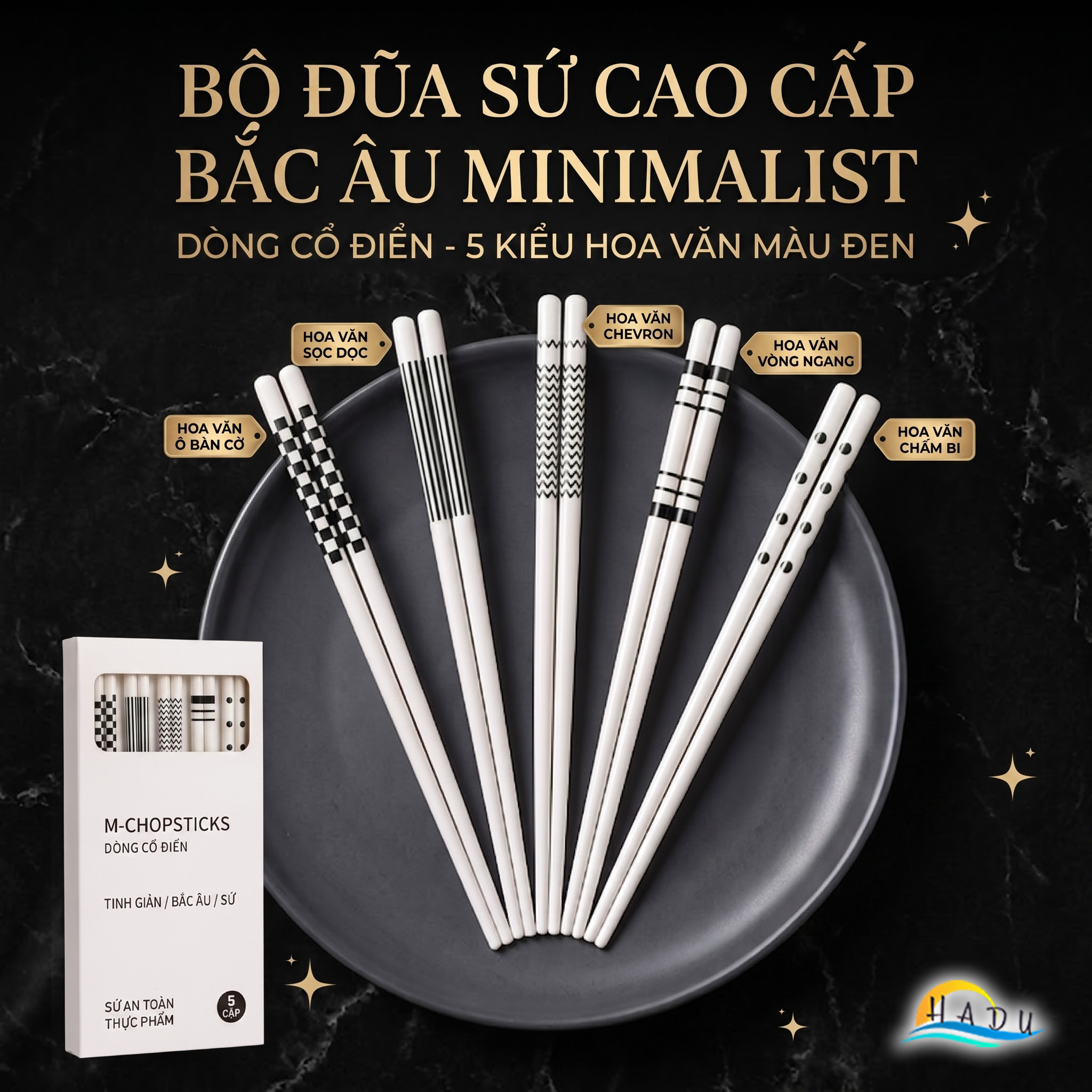 Bộ 5 Đôi Đũa Gốm Sứ HADU Cao Cấp, Chịu Nhiệt, Dùng Cho Máy Rửa Bát, 24.5cm