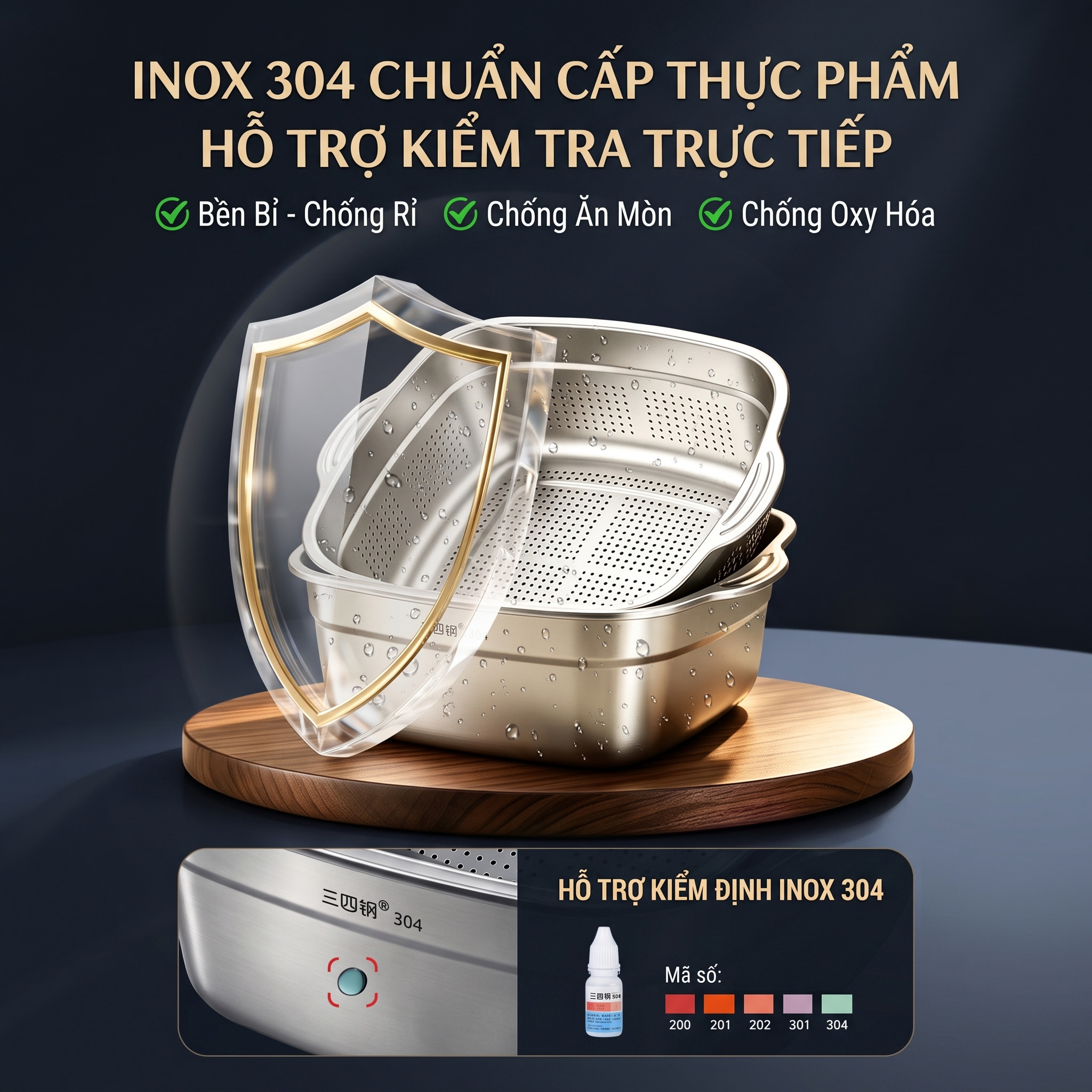 Bộ Thau Rổ Inox 304 Cao Cấp Hình Vuông Thiết Kế 2 Lớp Đa Năng Rửa Rau Củ Quả SSGP