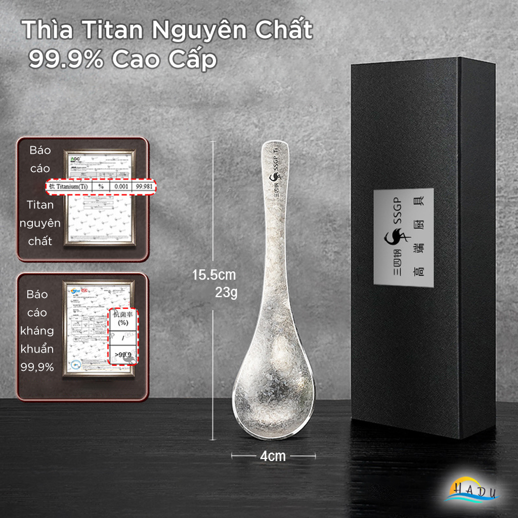 Thìa Ăn Titan Nguyên Chất SSGP, Siêu Nhẹ 22g, Kháng Khuẩn, Dài 15.5cm, Đạt Chất Lượng LFGB Đức