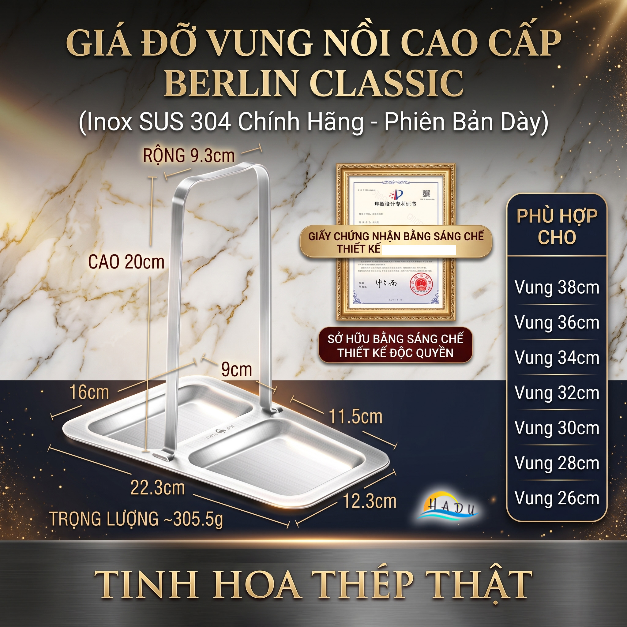 Giá Đỡ Khay Đựng Vung Nồi Gác Muôi Thìa Đa Năng Inox 304 Cao Cấp Chống Gỉ SSGP Berlin Classic