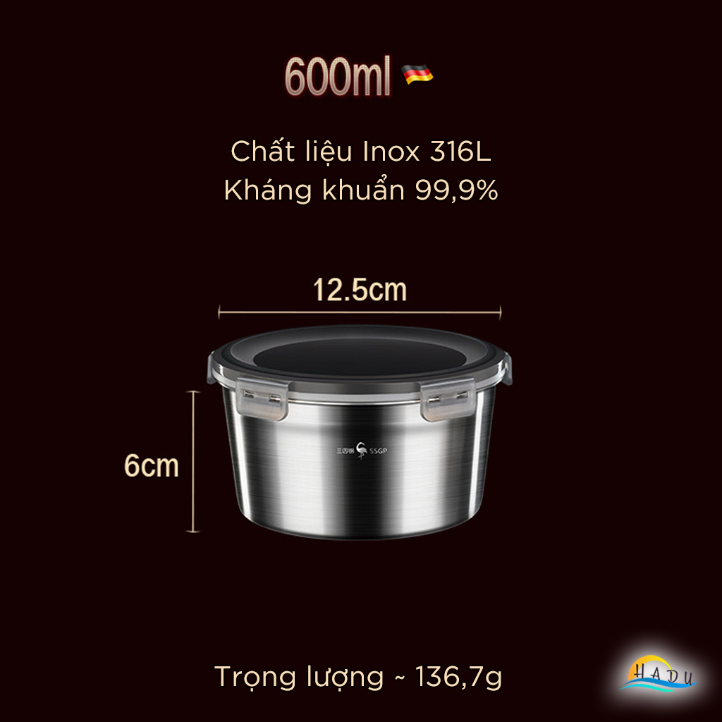Hộp Đựng Thực Phẩm Inox 316L SSGP, Dùng Được Bếp Từ, Chống Rò Rỉ, Đạt Chất Lượng LFGB Đức