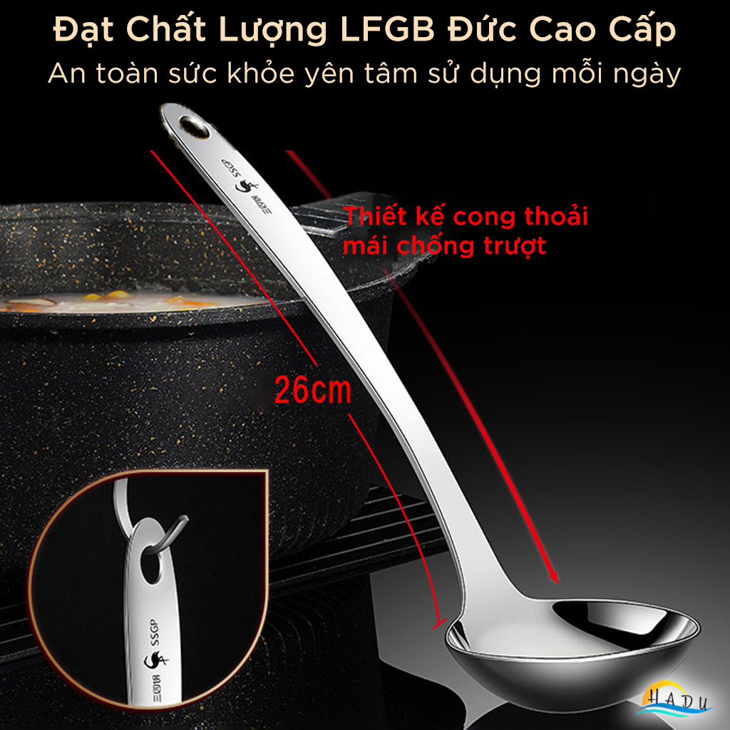 Muôi Múc Canh Lớn SSGP Inox 316L Dài 33cm, Chuẩn An Toàn Đạt Chất Lượng LFGB Đức